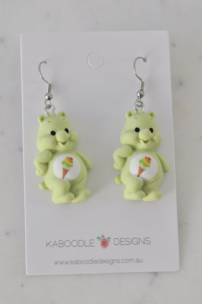 Teddy Bear Drop Dangle Earrings - Pastel Green