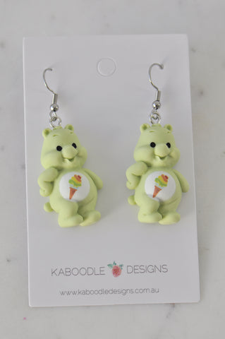 Teddy Bear Drop Dangle Earrings - Pastel Green