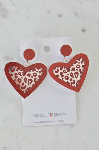 *** Acrylic Glitter Leopard Print Heart Drop Dangle Earrings - Red
