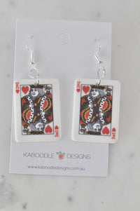 Pair of King of Hearts playing card earrings on a Kaboodle Designs card, front view