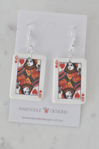 Pair of acrylic Queen of Hearts playing card drop earrings on Kaboodle Designs card