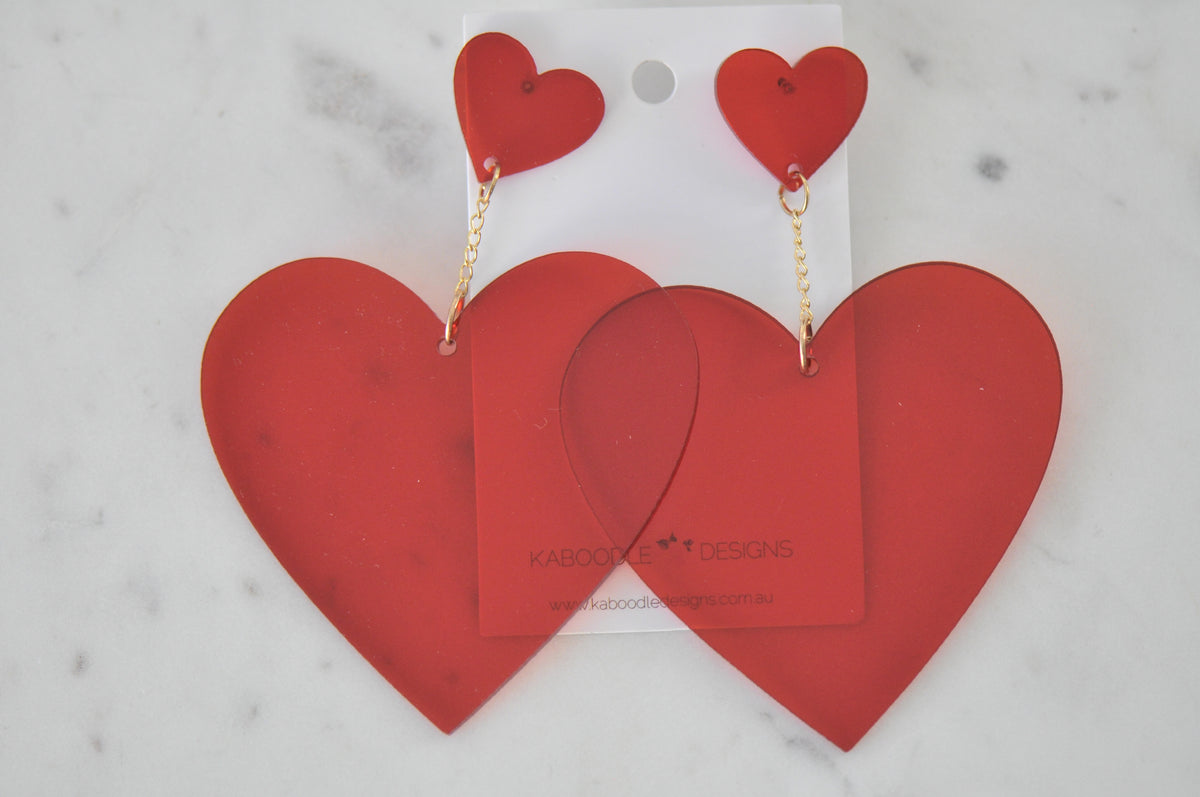 Acrylic Love Heart Drop Earrings - Red