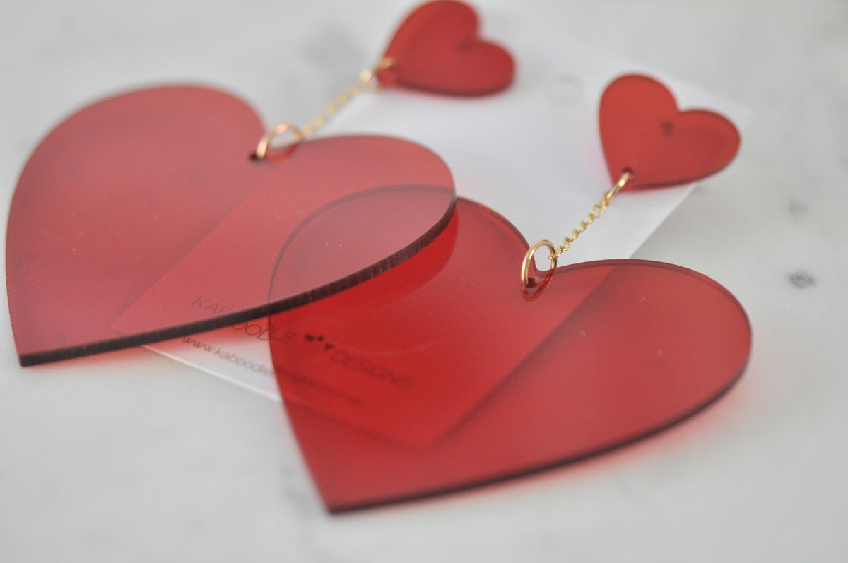Acrylic Love Heart Drop Earrings - Red