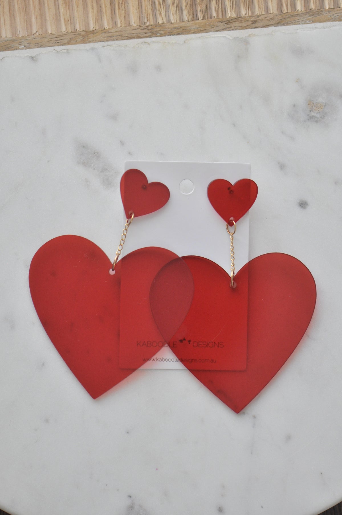 Acrylic Love Heart Drop Earrings - Red