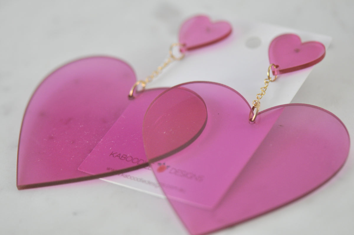 Acrylic Love Heart Drop Earrings - Purple