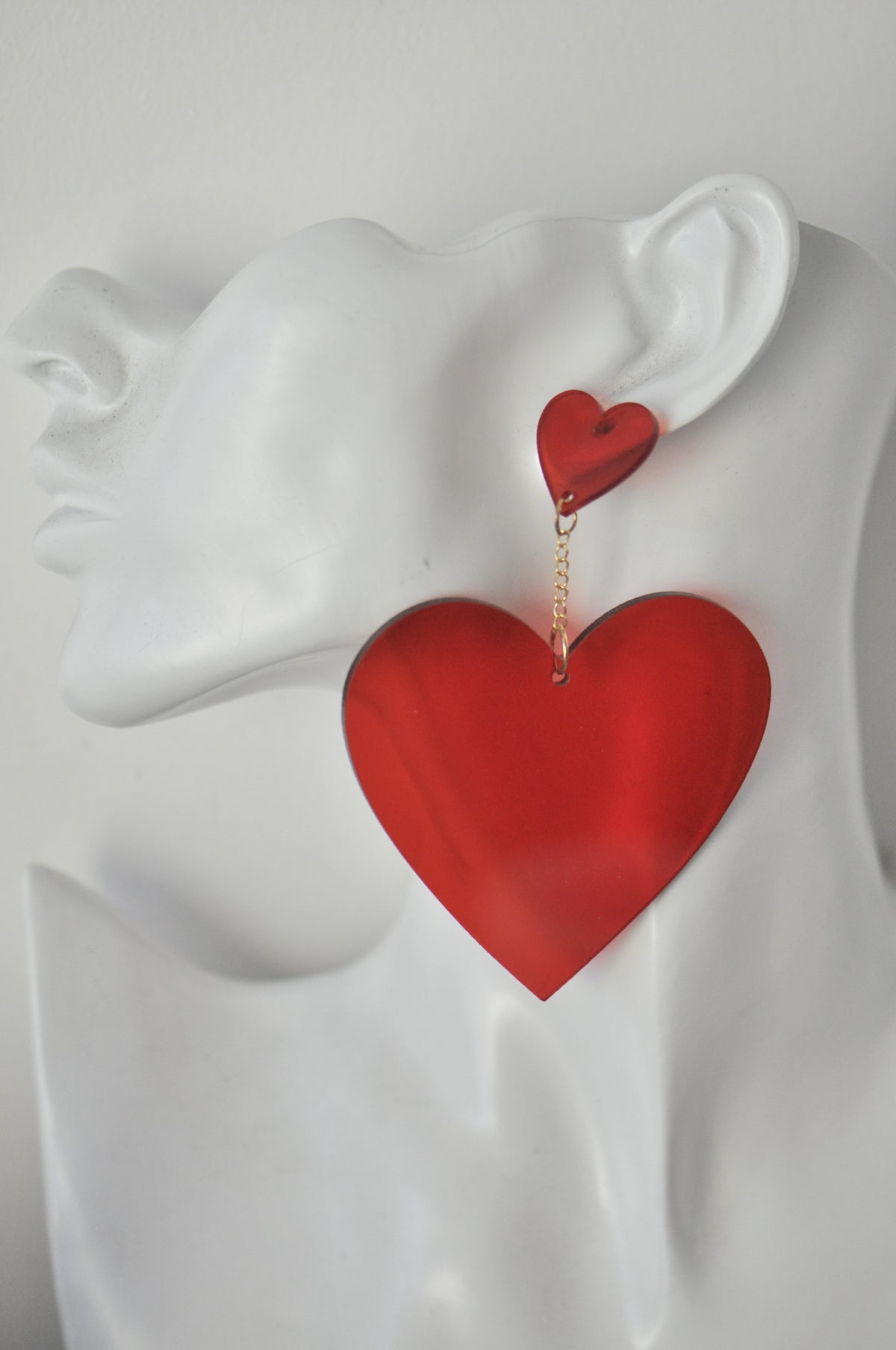 Acrylic Love Heart Drop Earrings - Red