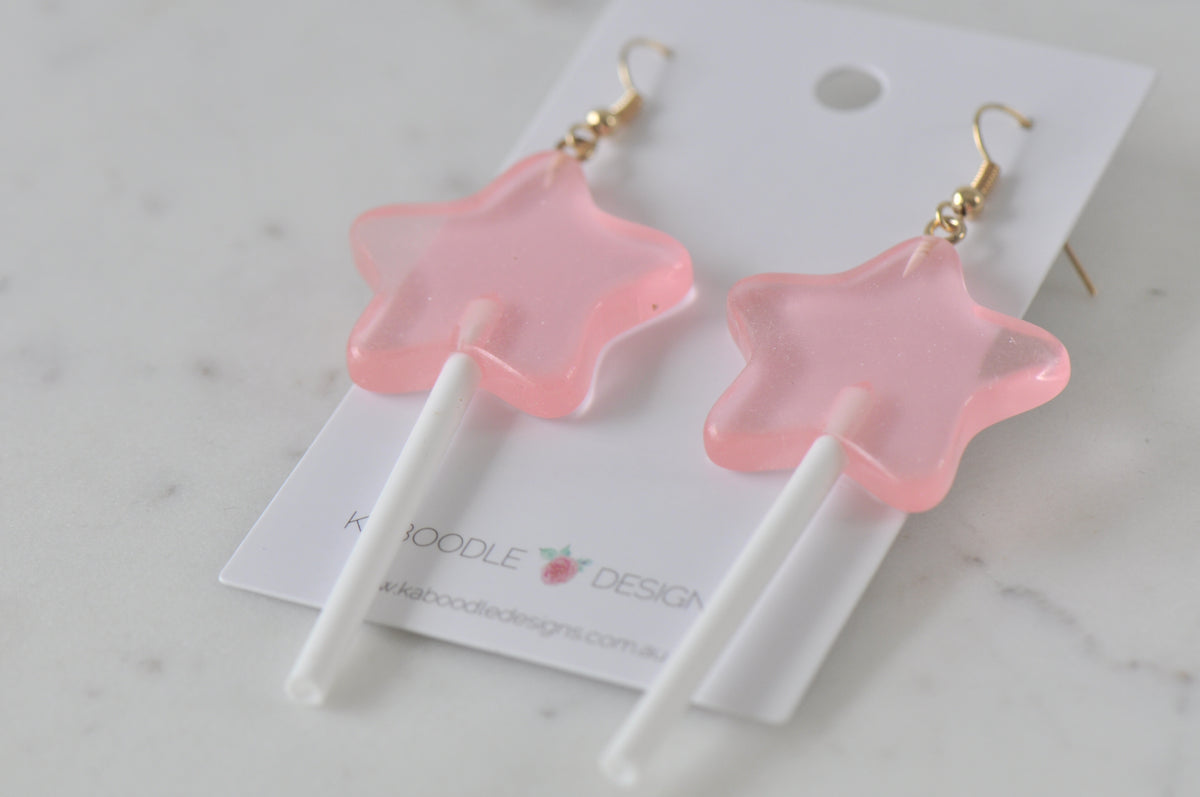 Lollipop Candy Star Novelty Fun Drop Dangle Earrings - Pink