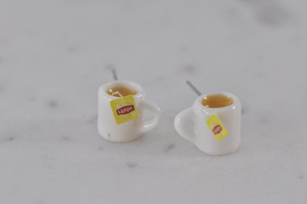 Miniature Food Drink Hot Tea Cup Stud Earrings - Yellow