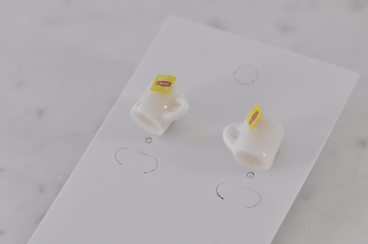 Miniature Food Drink Hot Tea Cup Stud Earrings - Yellow