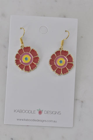 Enamel Red Flower Novelty Fun Drop Dangle Earrings