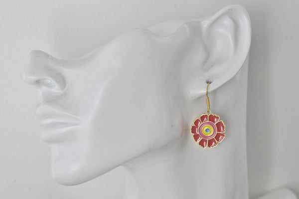 Enamel Red Flower Novelty Fun Drop Dangle Earrings