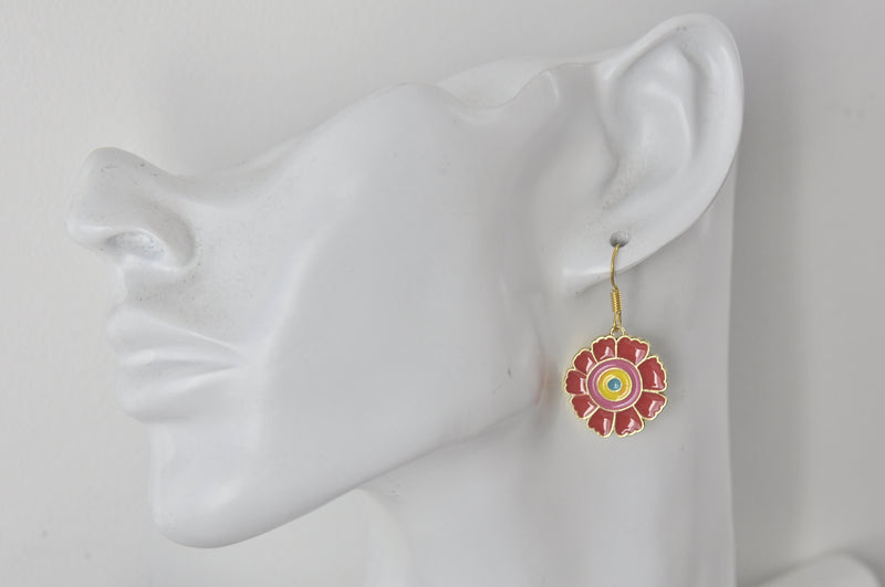 Enamel Red Flower Novelty Fun Drop Dangle Earrings