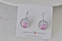 Round floral dangle earrings on Kaboodle Designs card, pink and lilac watercolour print