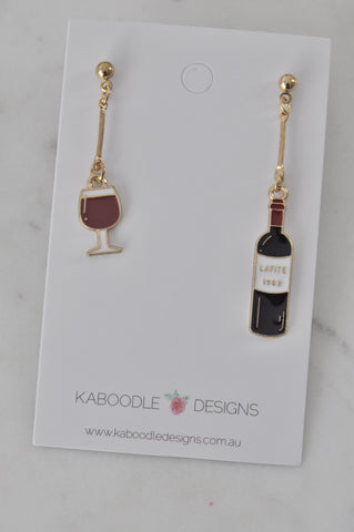 Novelty Red Wine Bottle and Wine Glass Dangle Drop Earrings