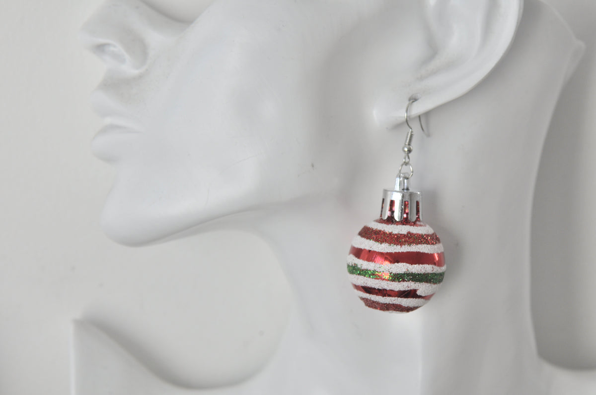 Christmas Shiny Bauble Balls With Gold Glitter Stripes Drop Dangle Earrings