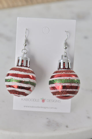 Christmas Shiny Bauble Balls With Gold Glitter Stripes Drop Dangle Earrings