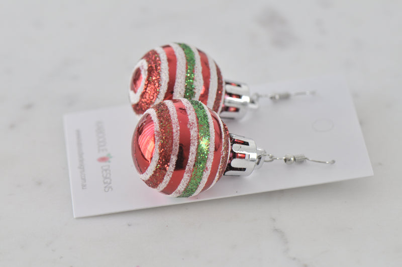 Christmas Shiny Bauble Balls With Gold Glitter Stripes Drop Dangle Earrings