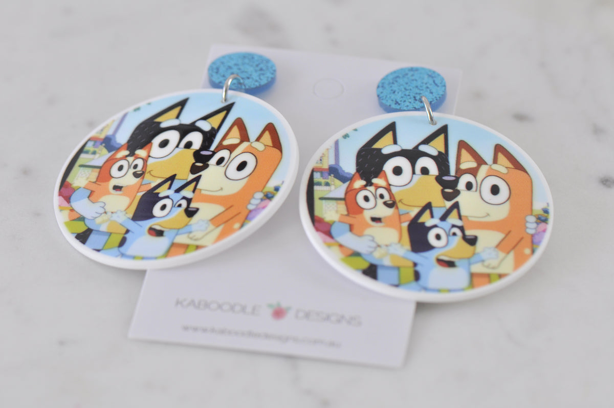 Acrylic Blue Heeler Dog and Bingo Family Drop Dangle Earrings