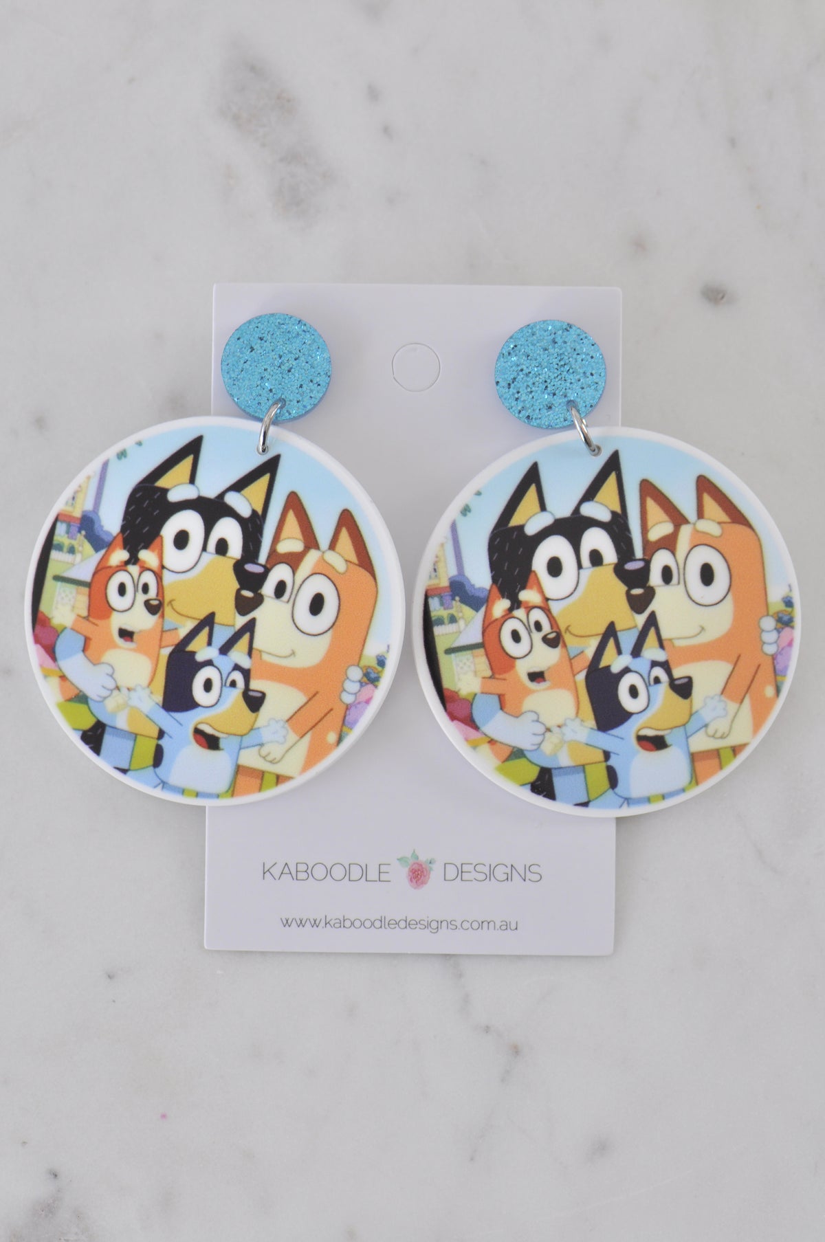 Acrylic Blue Heeler Dog and Bingo Family Drop Dangle Earrings