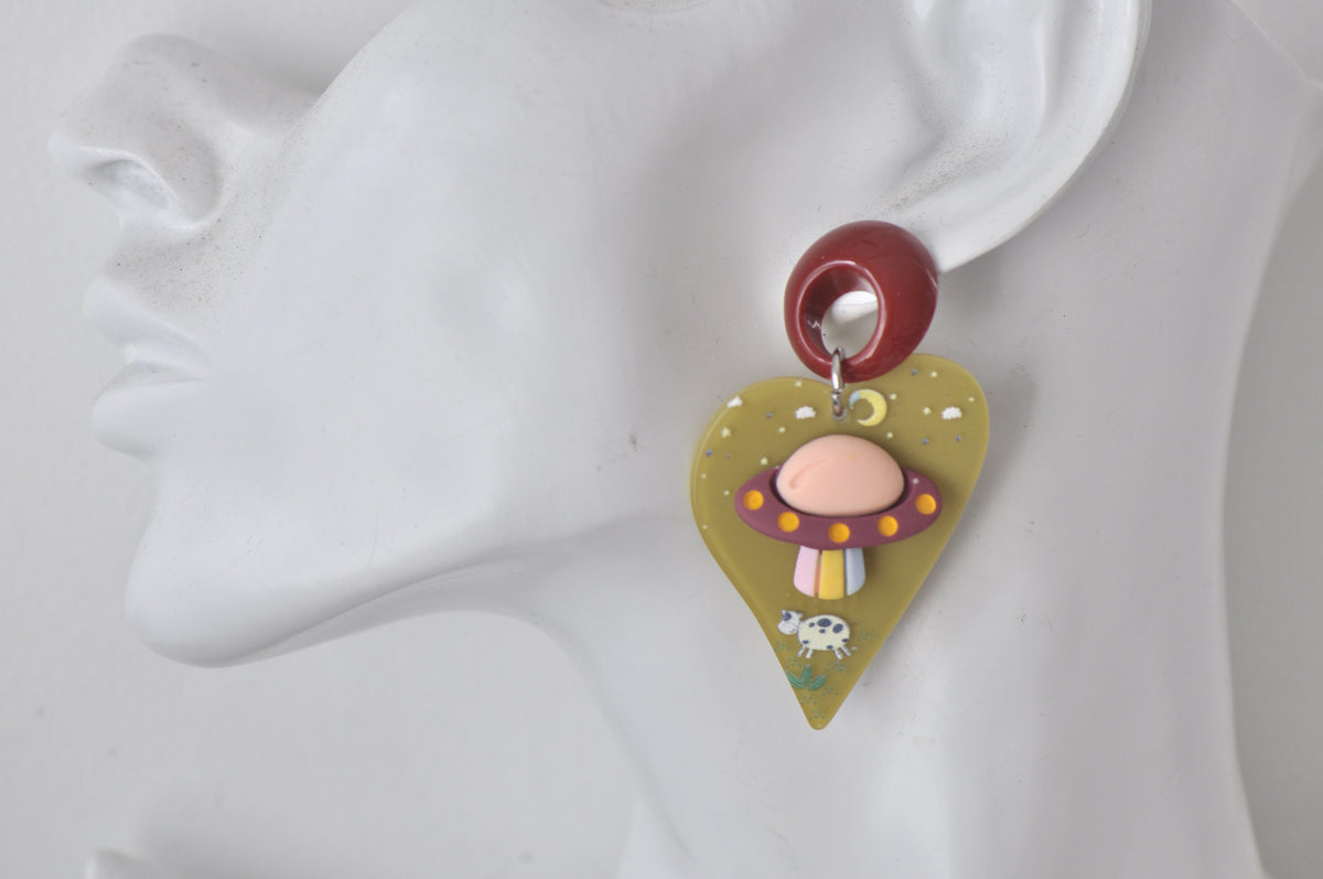 Acrylic Alien UFO Abduction Cow Drop Dangle Earrings