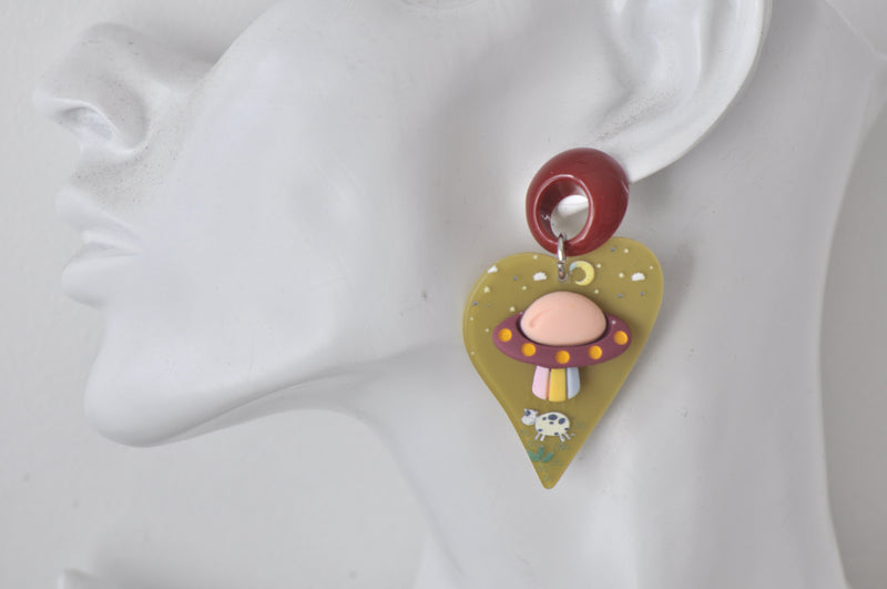 Acrylic Alien UFO Abduction Cow Drop Dangle Earrings