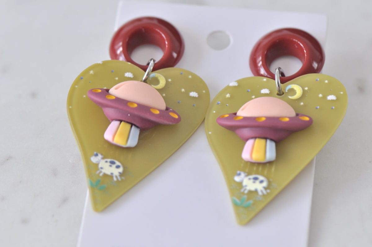 Acrylic Alien UFO Abduction Cow Drop Dangle Earrings