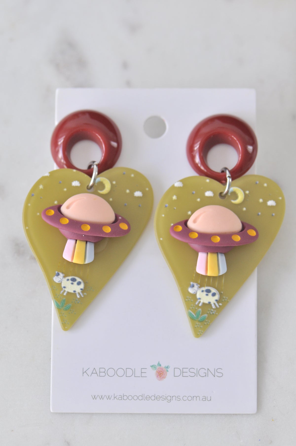 Acrylic Alien UFO Abduction Cow Drop Dangle Earrings