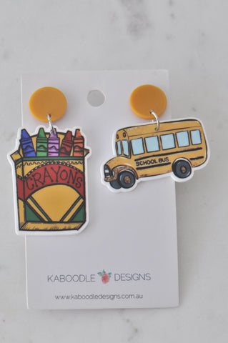 Novelty School Teachers School Bus and Crayongs Dangle Drop Earrings