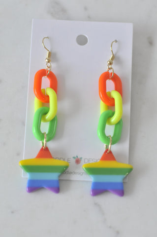 Acrylic Resin Rainbow Star Link Chain Pride Drop Dangle Earrings