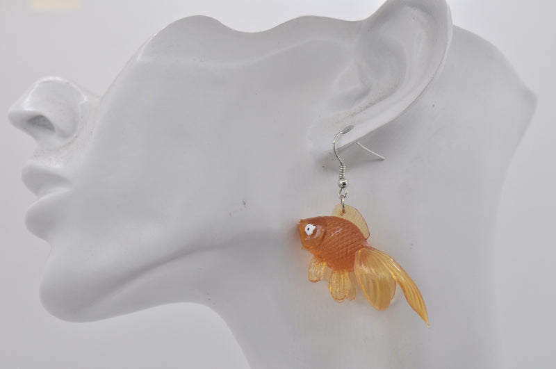 Novelty Fun Goldfish Fish Dangle Drop Earrings - Orange