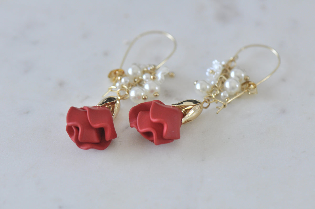 Red Rose Flower Love Faux Pearl Drop Dangle Earrings