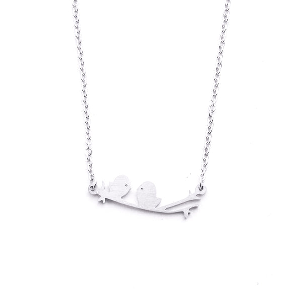 Silver - Stainless Steel Bird on A Branch Cutout Mini Dainty Minimalist Necklace
