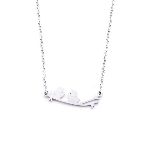 Silver - Stainless Steel Bird on A Branch Cutout Mini Dainty Minimalist Necklace