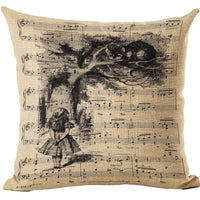 Linen cushion cover printed with Alice and the Cheshire Cat over vintage sheet music