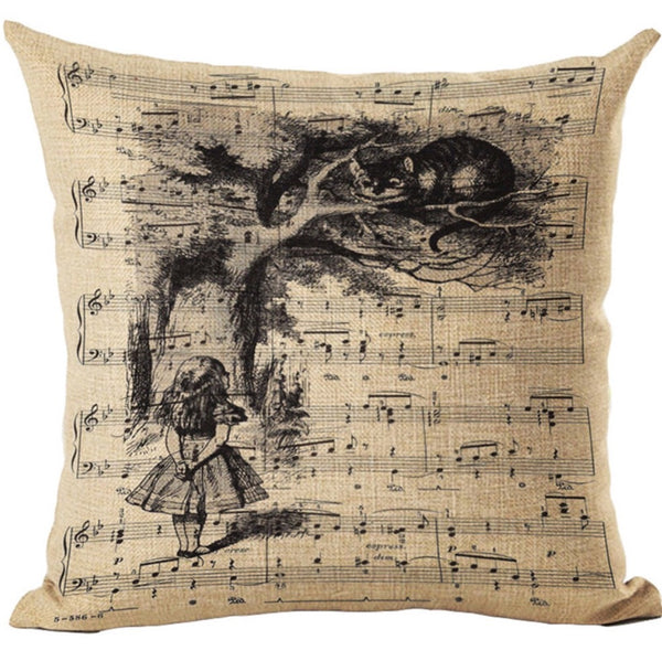 Alice In Wonderland Vintage Style Printed Linen Pillow Cushion - Alice and Cheshire Cat