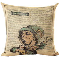 Mad Hatter cushion cover printed on linen with vintage newspaper background and green top hat