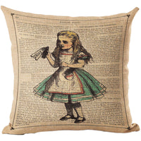 Cushion cover printed with vintage Alice in Wonderland illustration holding a Drink Me bottle on storybook background