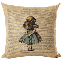 Front view of Alice In Wonderland cushion with vintage illustration on text-print linen background