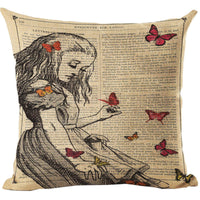 Square cushion printed with vintage Alice in Wonderland illustration and butterflies over text background