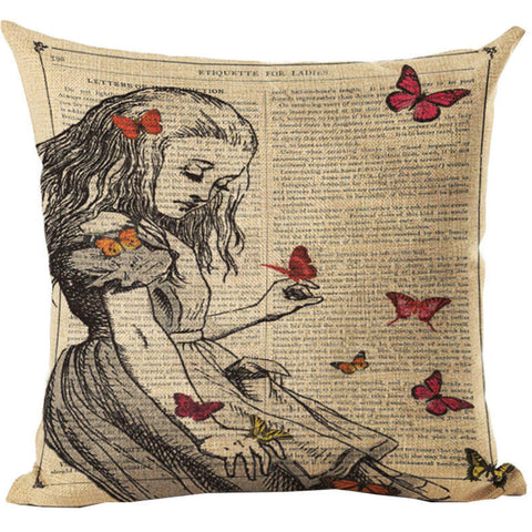 Alice In Wonderland Vintage Style Printed Linen Pillow Cushion - Alice and Butterflies