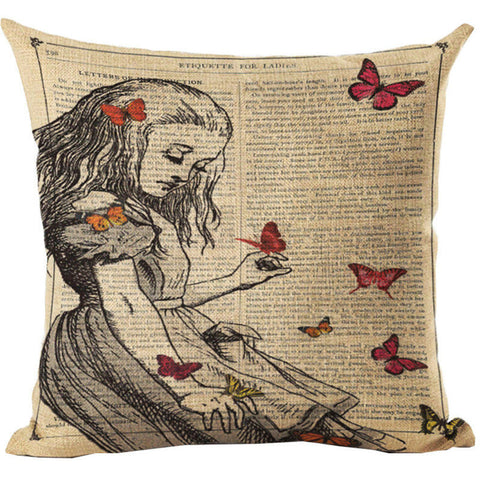 Alice In Wonderland Vintage Style Printed Linen Pillow Cushion - Alice and Butterflies
