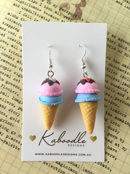 Miniature 3D Yummy Food Ice Cream Dangle Earrings - Strawberry and Blueberry
