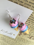 Miniature 3D Yummy Food Ice Cream Dangle Earrings - Strawberry and Blueberry