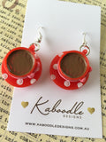 Miniature 3D Red Polkadot and Bow Teacup Coffee Tea Dangle Earrings