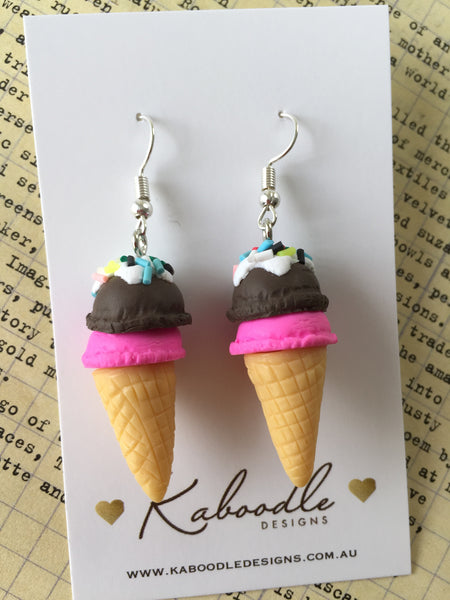 Miniature 3D Yummy Food Ice Cream Dangle Earrings - Strawberry and Chocolate
