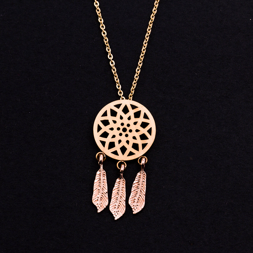Rose Gold - Stainless Steel Boho Dream Catcher Cutout Mini Dainty Minimalist Necklace