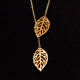 Rose Gold - Stainless Steel Double Leaf Lariat Cutout Mini Dainty Minimalist Necklace