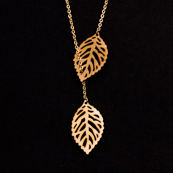 Rose Gold - Stainless Steel Double Leaf Lariat Cutout Mini Dainty Minimalist Necklace