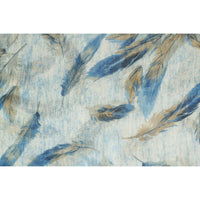 Close-up of blue and taupe feather pattern on soft scarf fabric