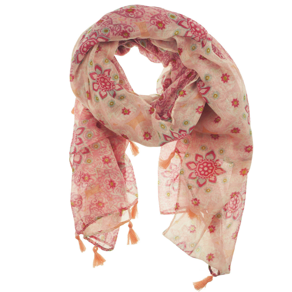 Fashion Scarf - Flowers with Tassels in Pink